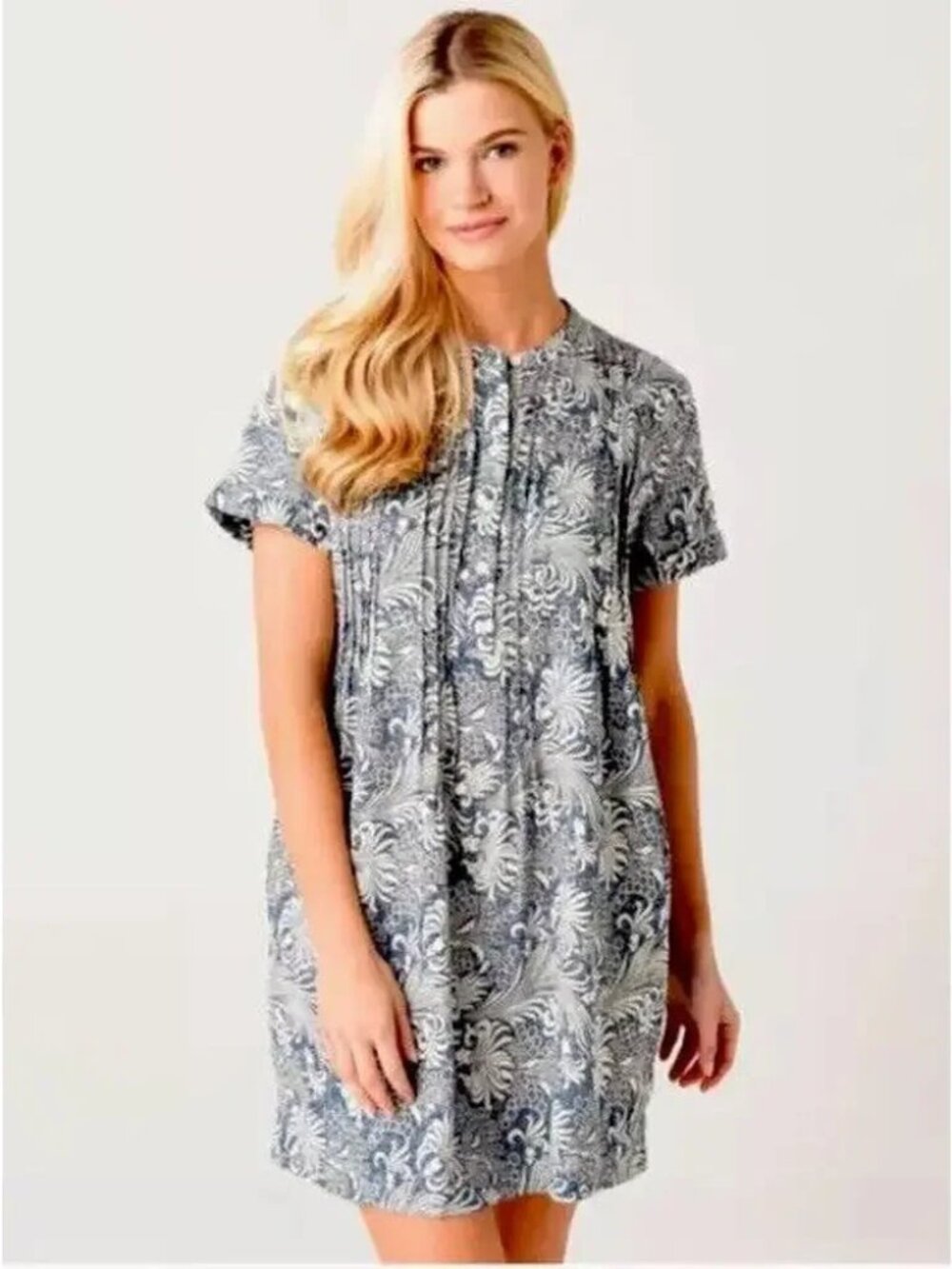 Faherty Gemina Dress Blue White Floral Linen Mini Dress, Size M